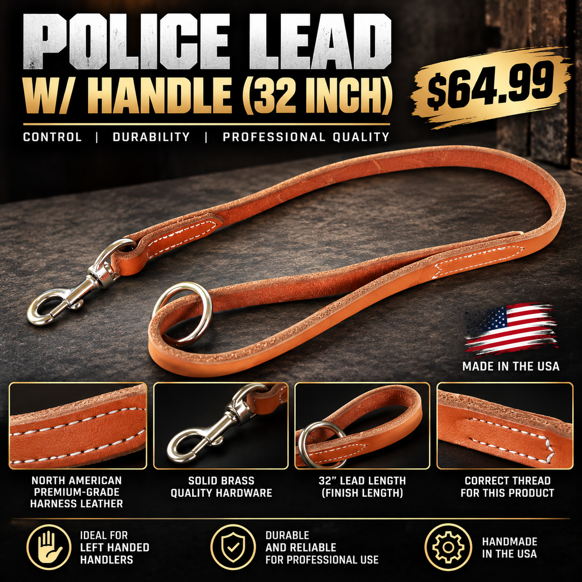 A brown leather police lead 32-inch, white stitching and ring at handle 