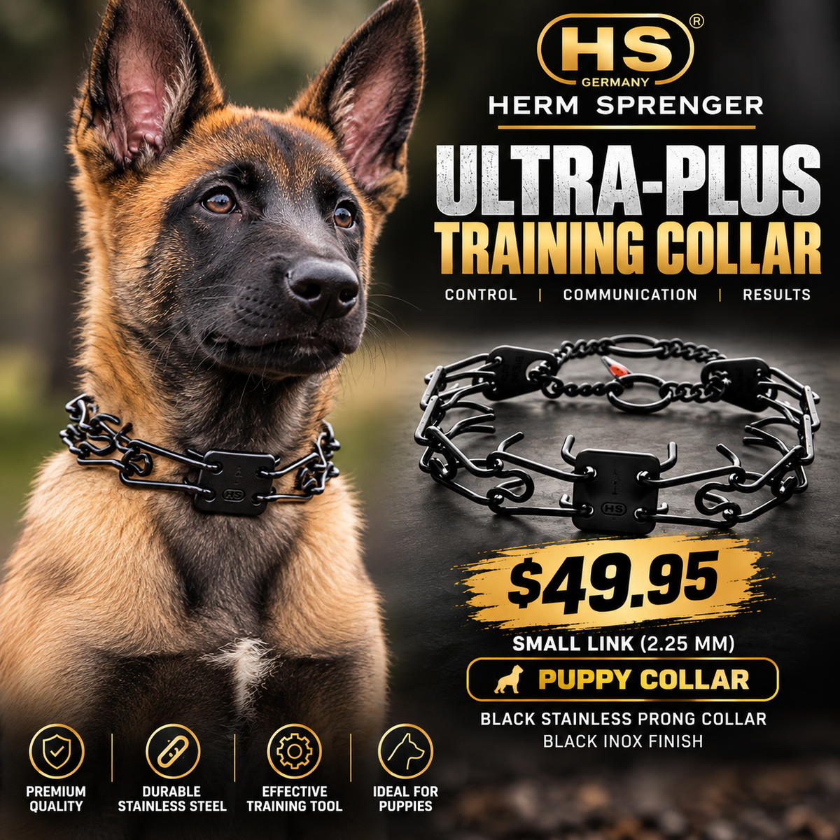Puppy Herm Sprenger 2.25 mm black stainless steel prong training collar 