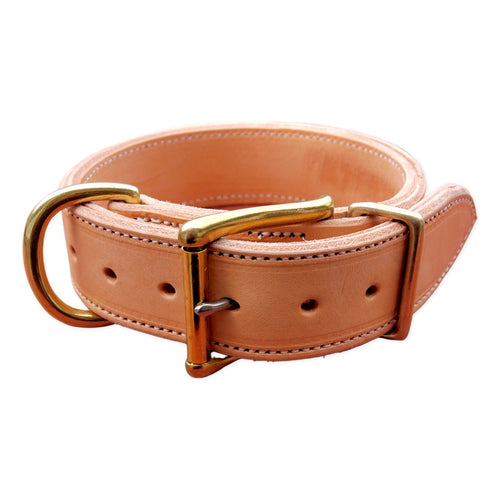 A light tan leather collar with a polished gold-tone buckle and a large D-ring.