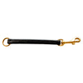 A black leather pull tab accessory with solid brass hardware, including a swivel snap hook and a ring.