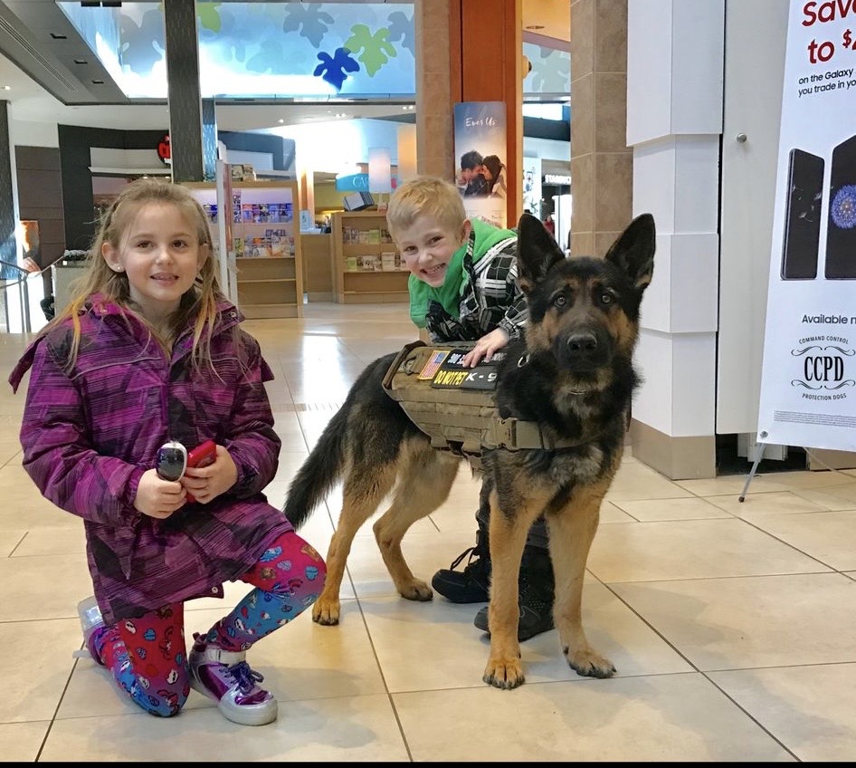 Service dog training with the kids at a mall