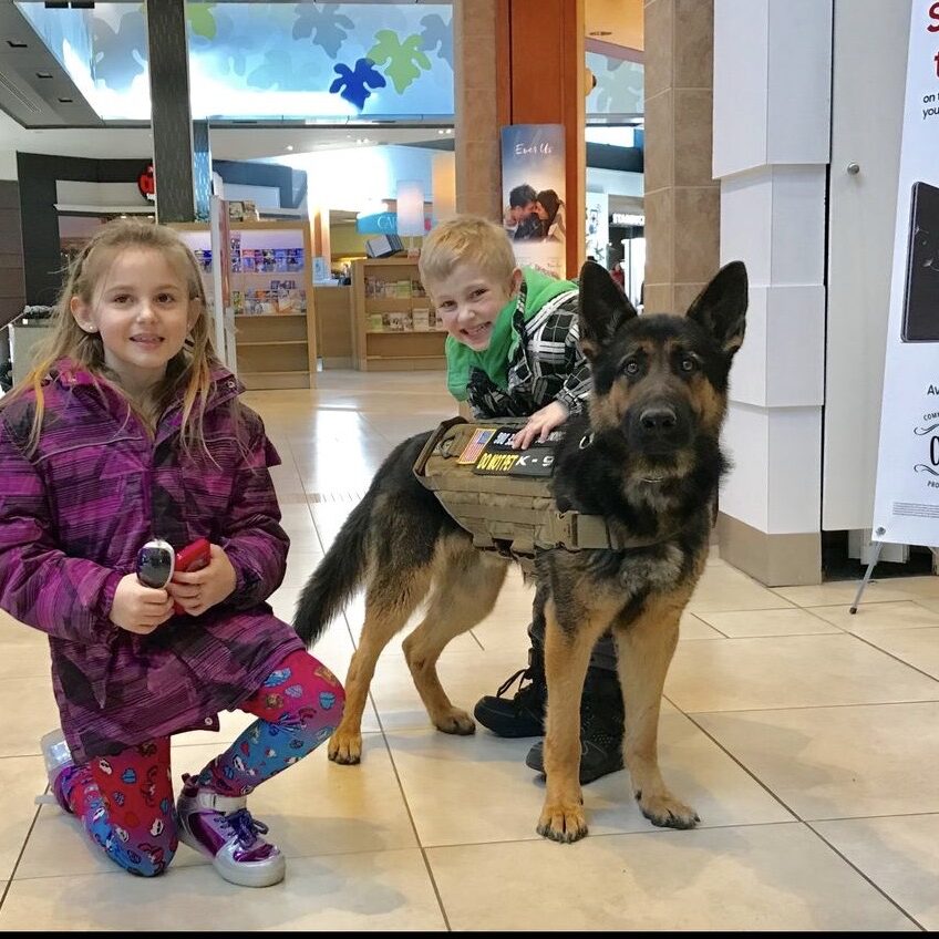 Service dog training with the kids at a mall