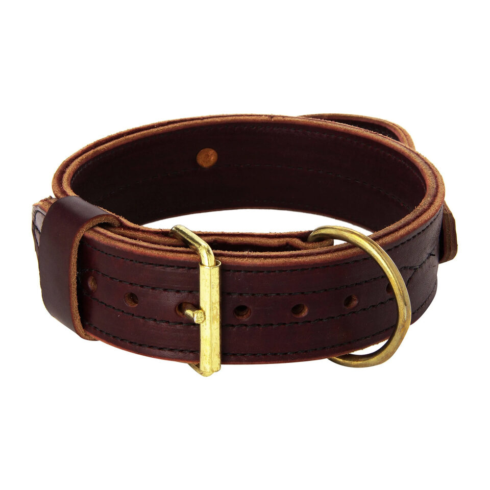 Agitation Collars made from North American premium-grade harness leather. High quality 1 3/4" brass buckles with forged steel buckle tongues.